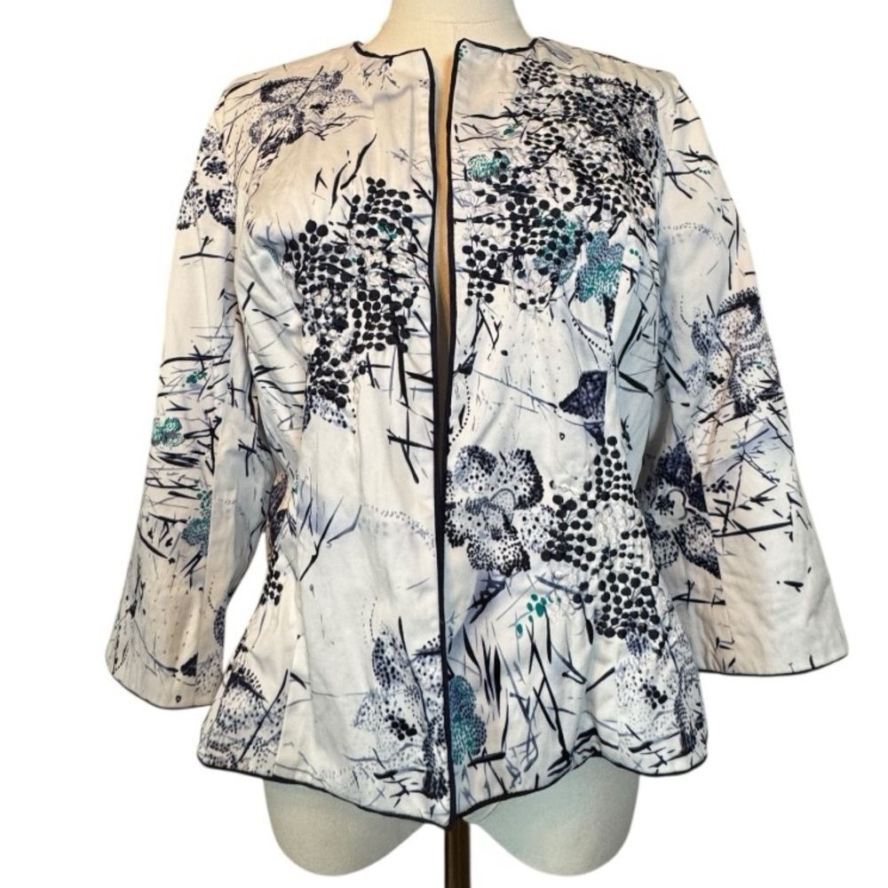 Coldwater Creek Blue White Floral Embroidered Jacket Petite 14 14P